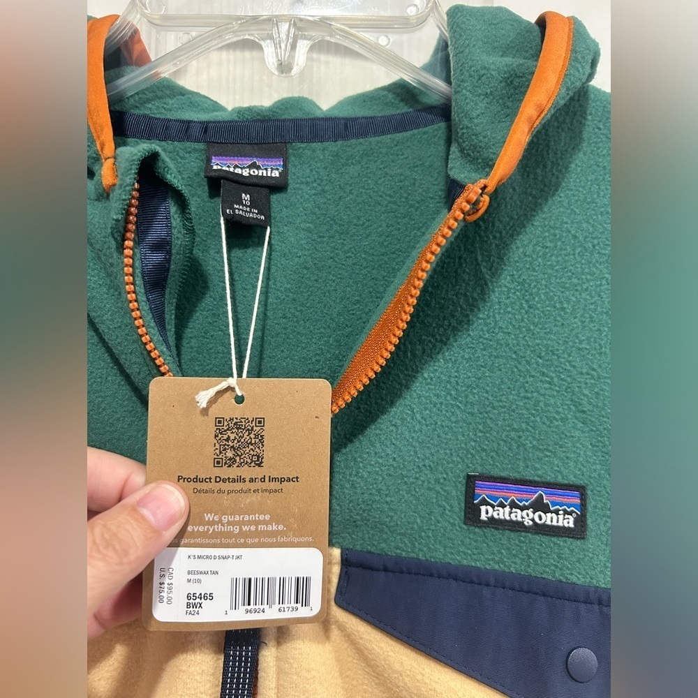 Patagonia Kids' Medium Micro D Snap-T Fleece Jacket Green Tan Hood NWT - Picture 6 of 7